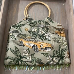 Cool Retro Vtg embroidered Sequin With Bamboo Handles Corvettes On Purse